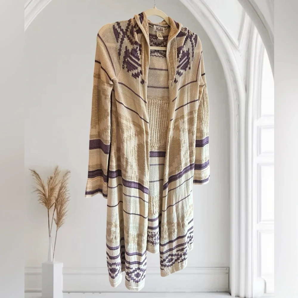 VINTAGE Y2K MUDD Long Duster Cardigan Aztec Print Hooded Sweater‎ S